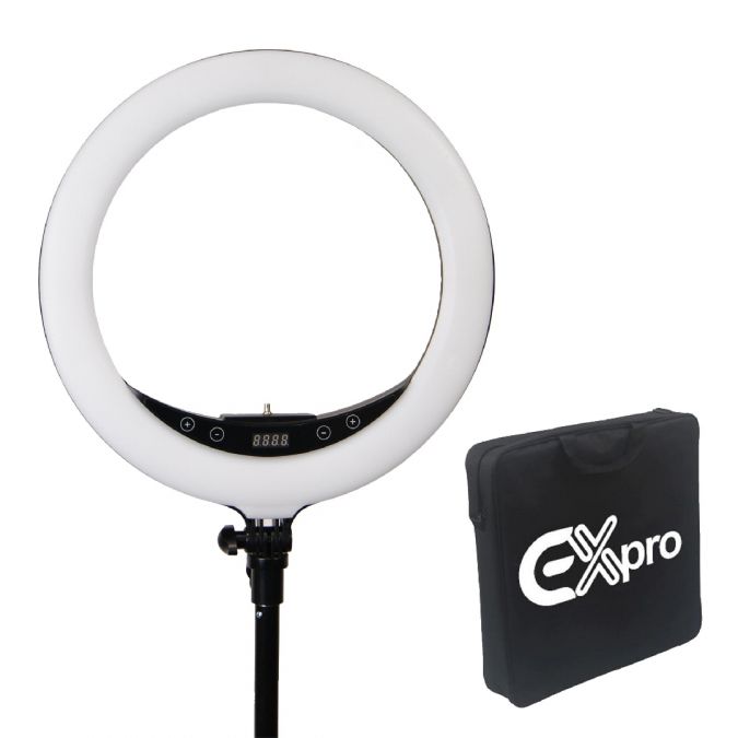 Ex-Pro 14" LED Ring Light Kit 25W 3200K-5700K CRI 95+ Bi-Colour Dimmable + Carry Case, Foldable Stand, Bluetooth Remote and Accessories for Video Shooting Portrait Photography