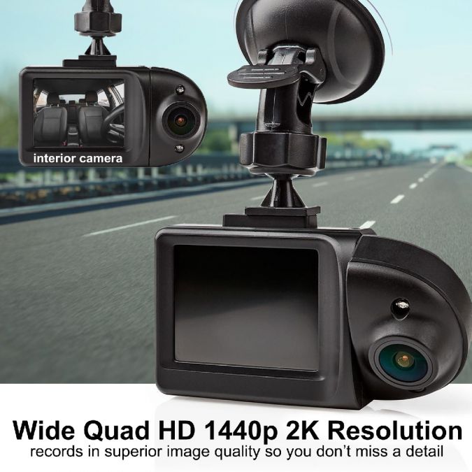 Dash Cam, Wide Quad Full HD 1440p 2K Front Dual Camera In Car Dashboard Dashcam, 140° Wide Angle, with 2.31" LCD Display, Night Vision, Motion Detection, Parking Mode and G-Sensor