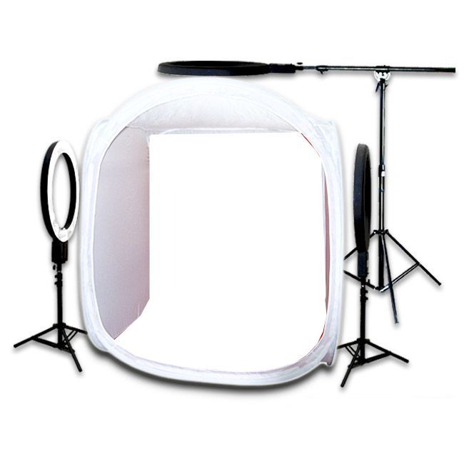 DigPro 120cm Lighting Studio Cube with 3 x 65W Photographic Studio Ring light Kit (5400K 90+ CRI Lamp Power 325W EQ) with Boom/Stands