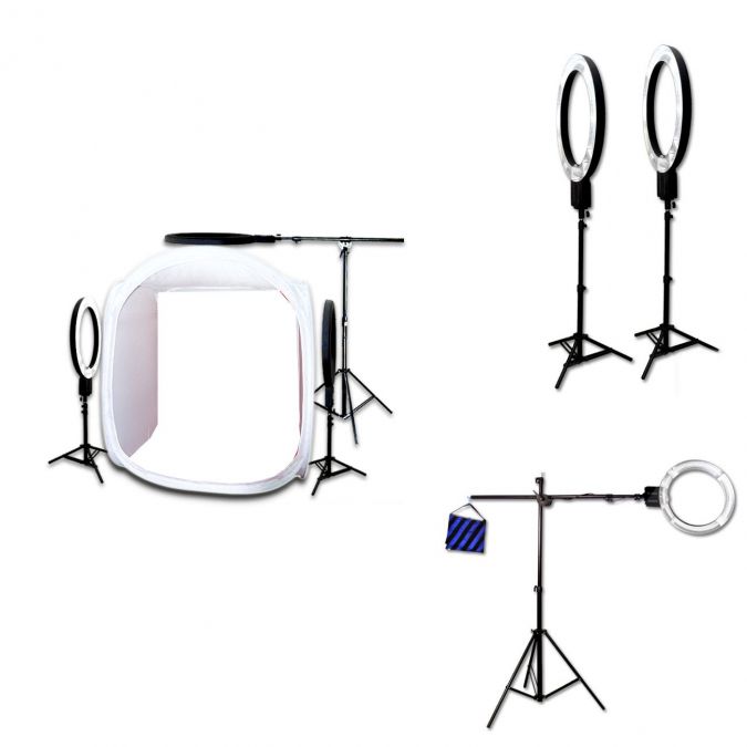 DigPro 120cm Lighting Studio Cube with 3 x 65W Photographic Studio Ring light Kit (5400K 90+ CRI Lamp Power 325W EQ) with Boom/Stands