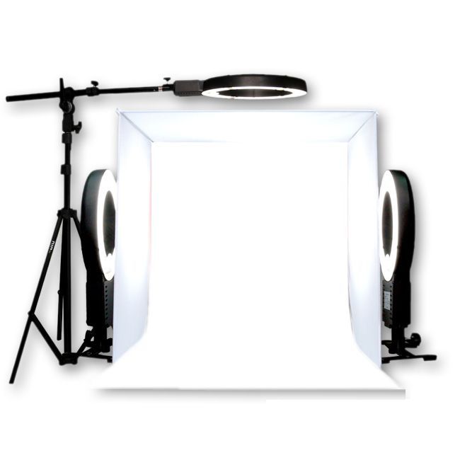 DigPro 60cm Lighting Studio Cube with 3 x 28W Photographic Studio Ring with Boom/Stands & Smart Accessories Kit