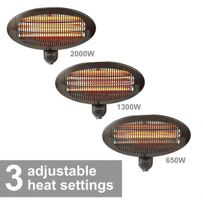 2KW Outdoor Wall Mounted Quartz Electric Garden Patio Heater, 2000W, IP34 Rated, with 3 Power Settings and Adjustable Heat Angle