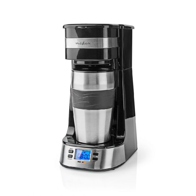 Single Serve 1 Cup Electric Filter Coffee Maker with Digital Timer + 0.42L Double Wall Travel Mug - Black