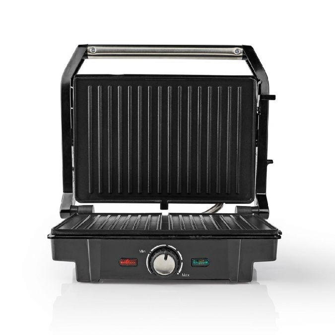 Compact 1600W Electric Table Top Grill, Panini Sandwich Press, Toastie Maker, with Non Stick Coated Plates, Drip Tray and Automatic Temperature Control - Black/Silver