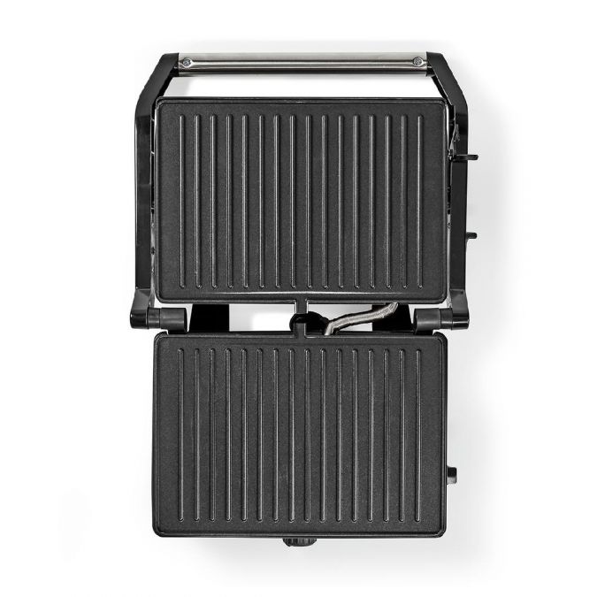 Compact 1600W Electric Table Top Grill, Panini Sandwich Press, Toastie Maker, with Non Stick Coated Plates, Drip Tray and Automatic Temperature Control - Black/Silver