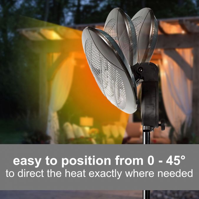 2KW Outdoor Freestanding Quartz Electric Garden Patio Heater, 2000W, IP34 Rated, with 3 Power Settings, Adjustable Heat Angle and Height Adjustable Stand