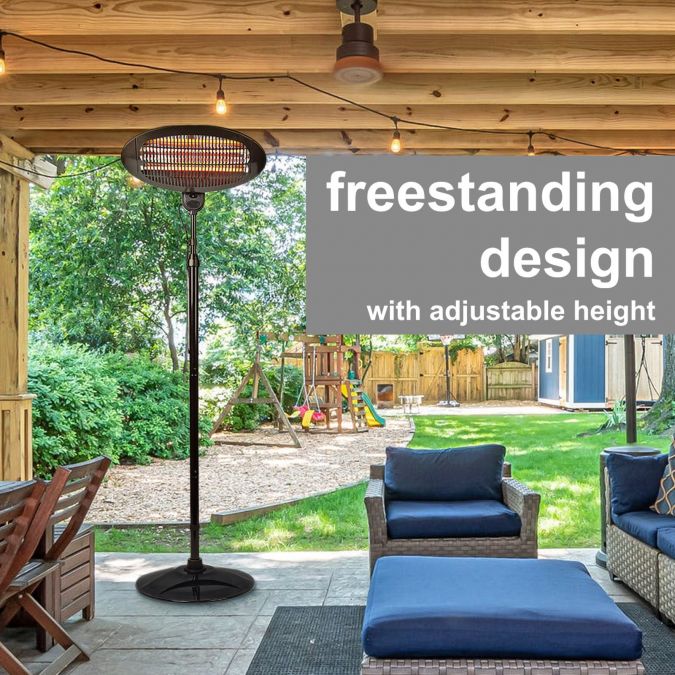 2KW Outdoor Freestanding Quartz Electric Garden Patio Heater, 2000W, IP34 Rated, with 3 Power Settings, Adjustable Heat Angle and Height Adjustable Stand