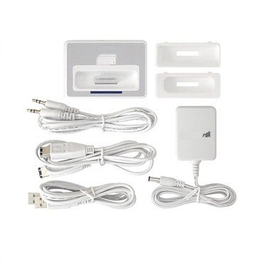 Ex-Pro ULTIMATE iPod white dock system, Worldwide AC Adapter for charging, Firewire Cable, 3.5mm Cable, Support stands for various model's.