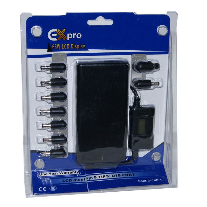 Ex-Pro® 65w Ultra LCD SLIM Universal Laptop Notebook power supply AC adapter for worldwide use. 240v AC 50/60hz