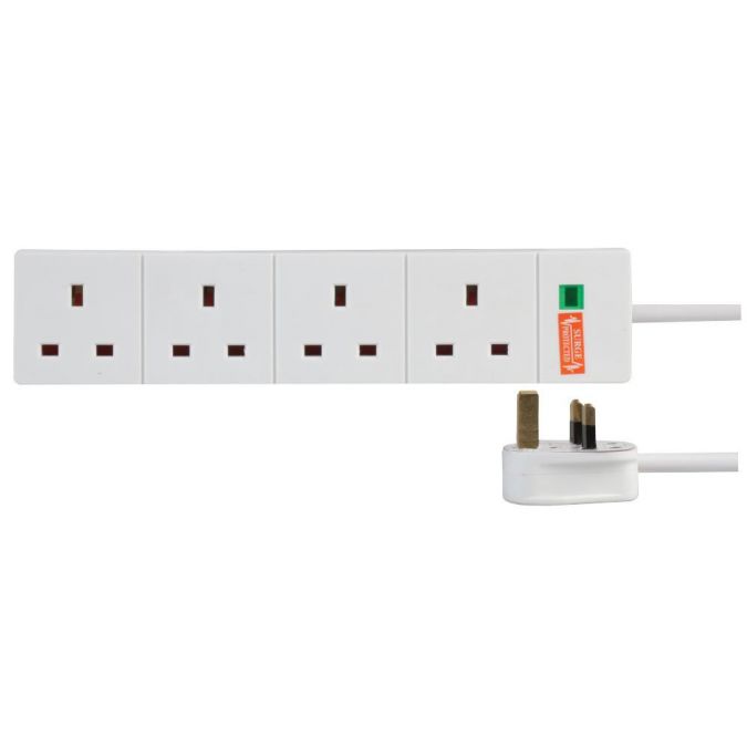 4 Gang Way 2m Metre 13A Mains Power Extension Socket Lead Cable White Surge Protected