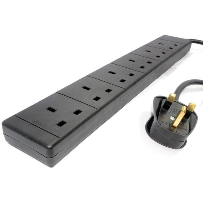 6 Gang Way 2m Metre 13A Mains Power Extension Socket Lead Cable Black