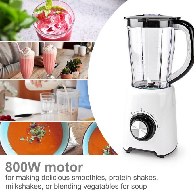 Table Top Blender, 800W, with 1.5L Plastic Jug, 2 Speed Settings and Pulse Function, Ideal for Fruit Juice, Vegetables, Soup, Smoothies, Protein Shakes and more - White