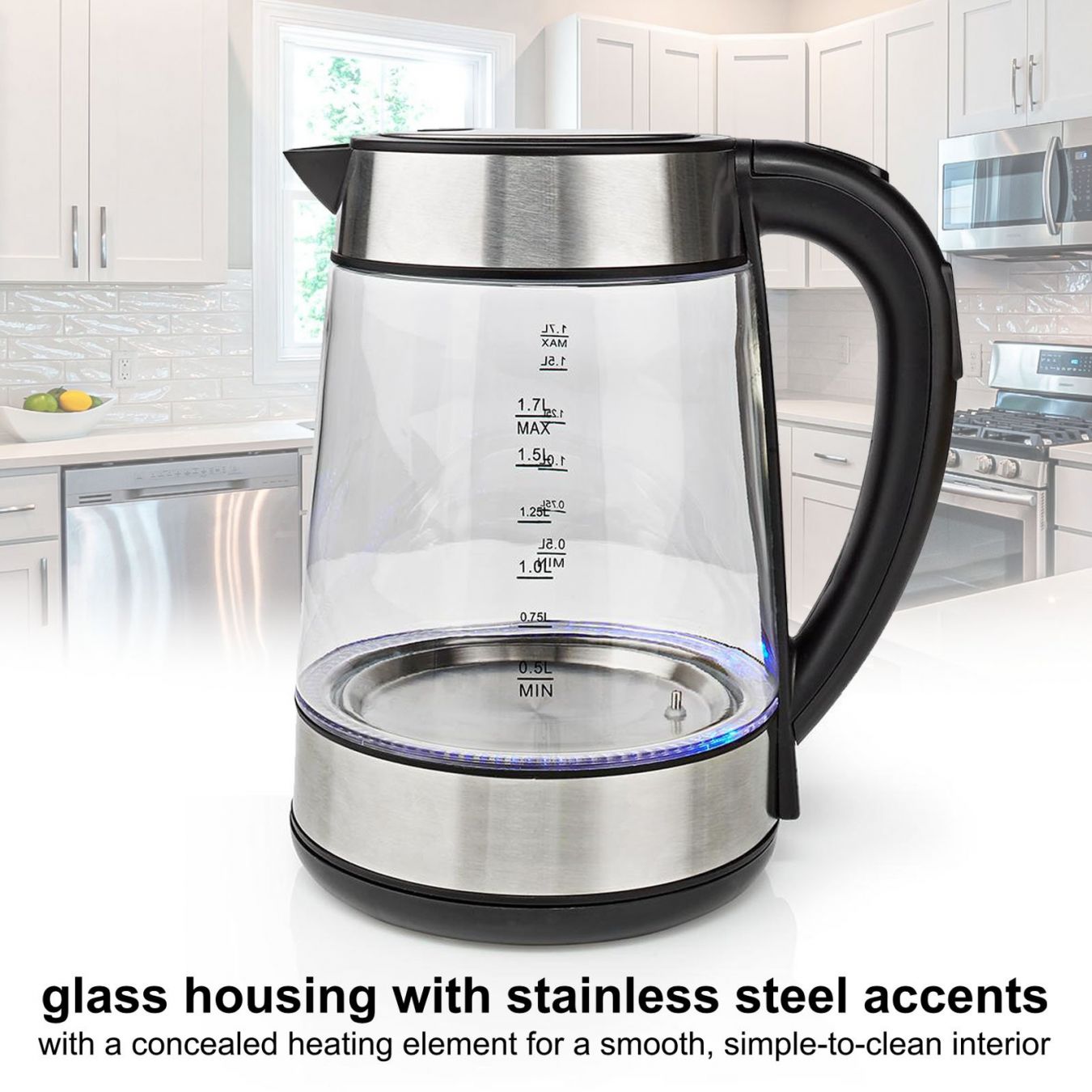 BOXED2ME | Electric Glass Kettle | 1.7L | Blue LED Light